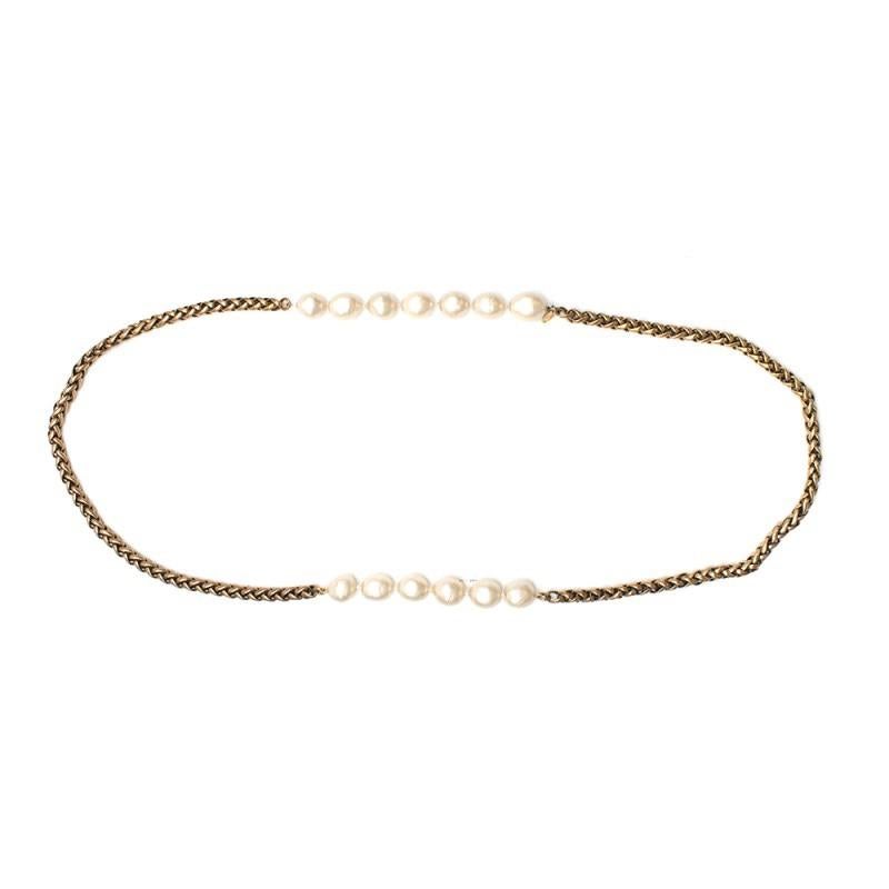 Chanel Vintage Necklace with a Gold Tone Rope Chain and Two Strings of Baroque Faux Pearls. 
1989

Includes Repair Invoice, Pouch and Box. 
Size: OS

Length 110cm
