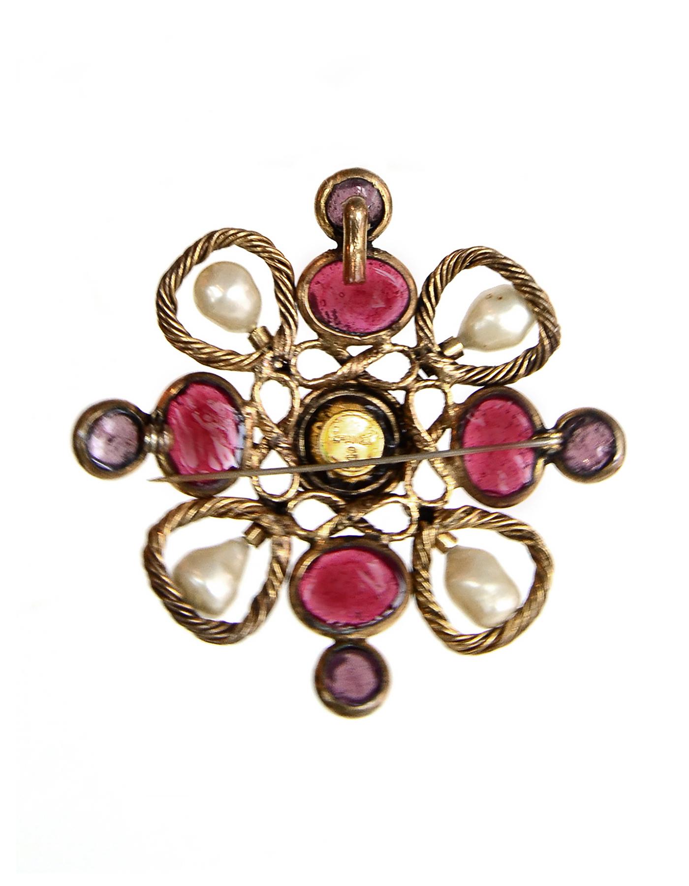 Chanel Vintage Faux Pearls & Amber/Pink/Amethyst Gripoix Brooch Pin In Good Condition In New York, NY