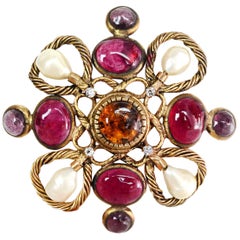 Chanel Vintage Faux Pearls & Amber/Pink/Amethyst Gripoix Brooch Pin