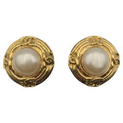 Chanel Vintage Faux Pearls and Gold Metal CC Logos Clip On Earrings