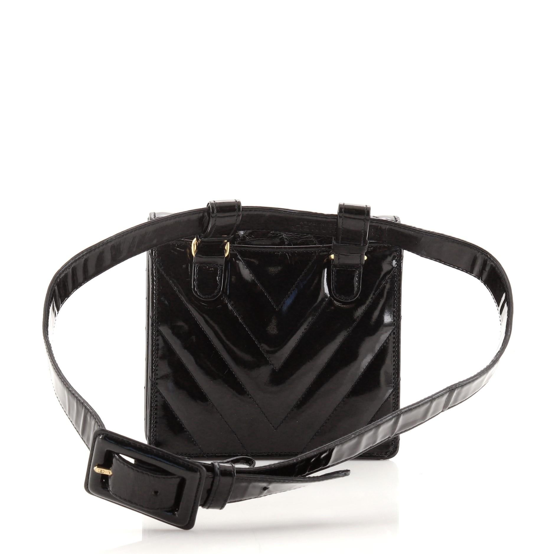 Black Chanel Vintage Flap Belt Bag Chevron Patent Small