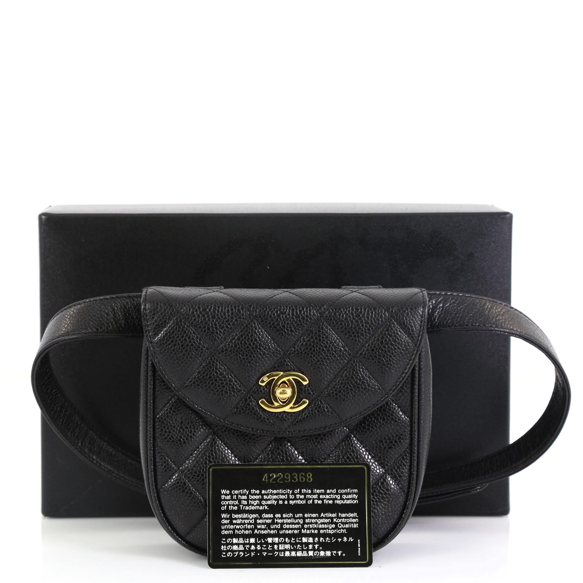 This Chanel Vintage Flap Belt Bag Quilted Caviar Mini, crafted in black quilted caviar leather, features an adjustable belt strap, CC turn-lock closure and gold-tone hardware. Its turn-lock closure opens to a black leather interior with zip pocket.