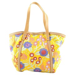 Chanel Vintage Floral Tote Printed Canvas with Raffia Small