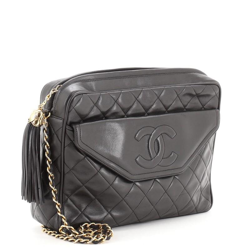 Chanel Vintage Front Pocket Kameratasche gesteppt Leder groß (Schwarz)
