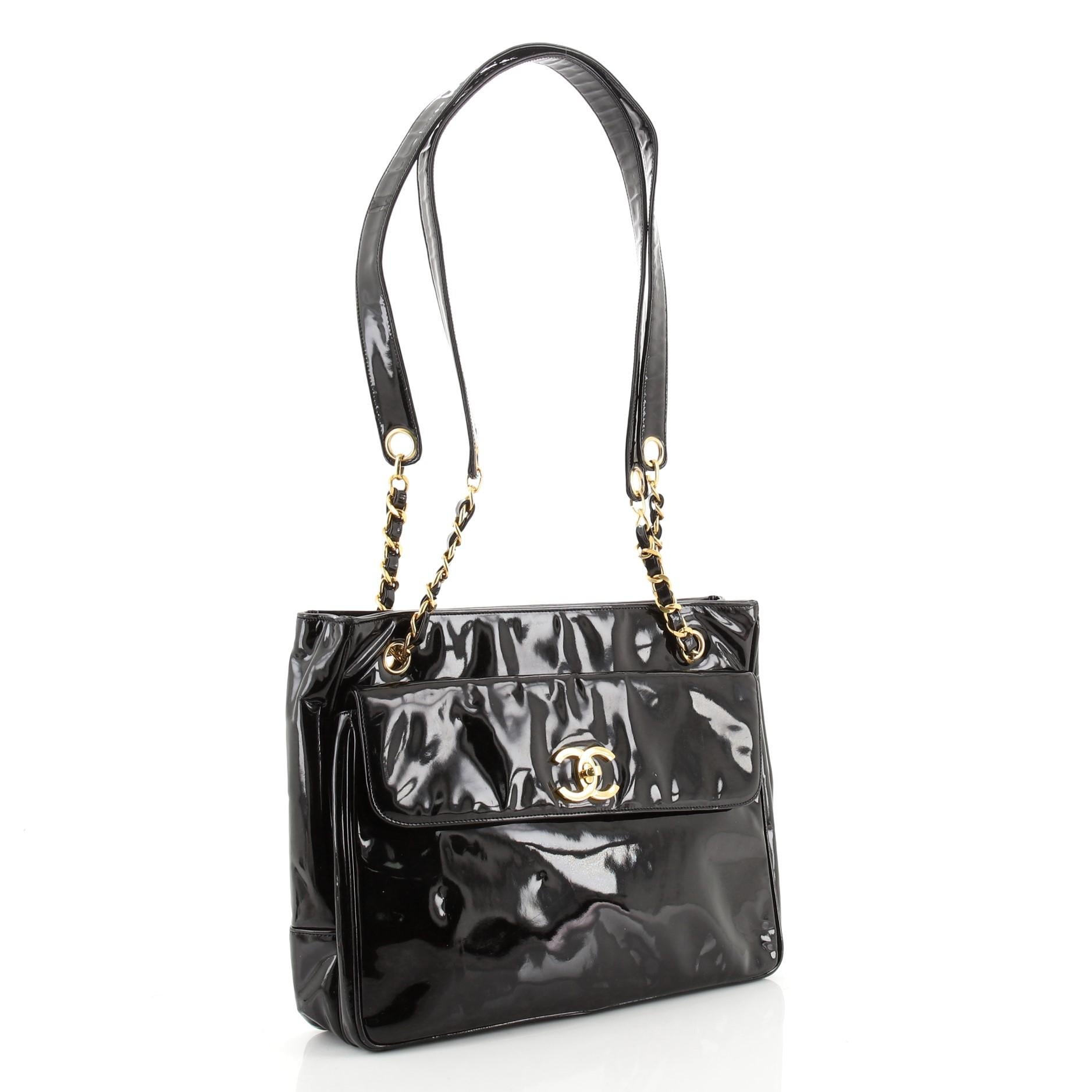 Chanel Vintage Front Pocket Kette Tote Lackleder in Schwarz im Zustand „Gut“ in Irvine, CA