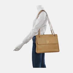 Chanel Vintage Front Pocket Tote Beige Caviar Leather Double Gold Chain