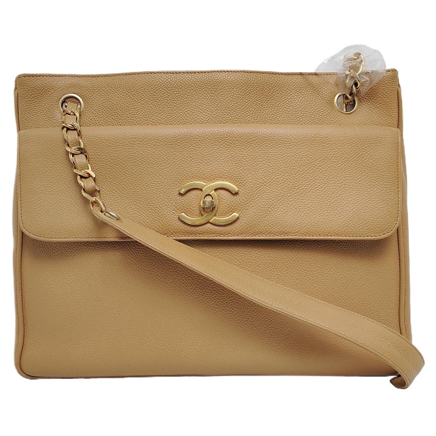 Chanel Vintage Front Pocket Tote Beige Caviar Leather Double Gold Chain