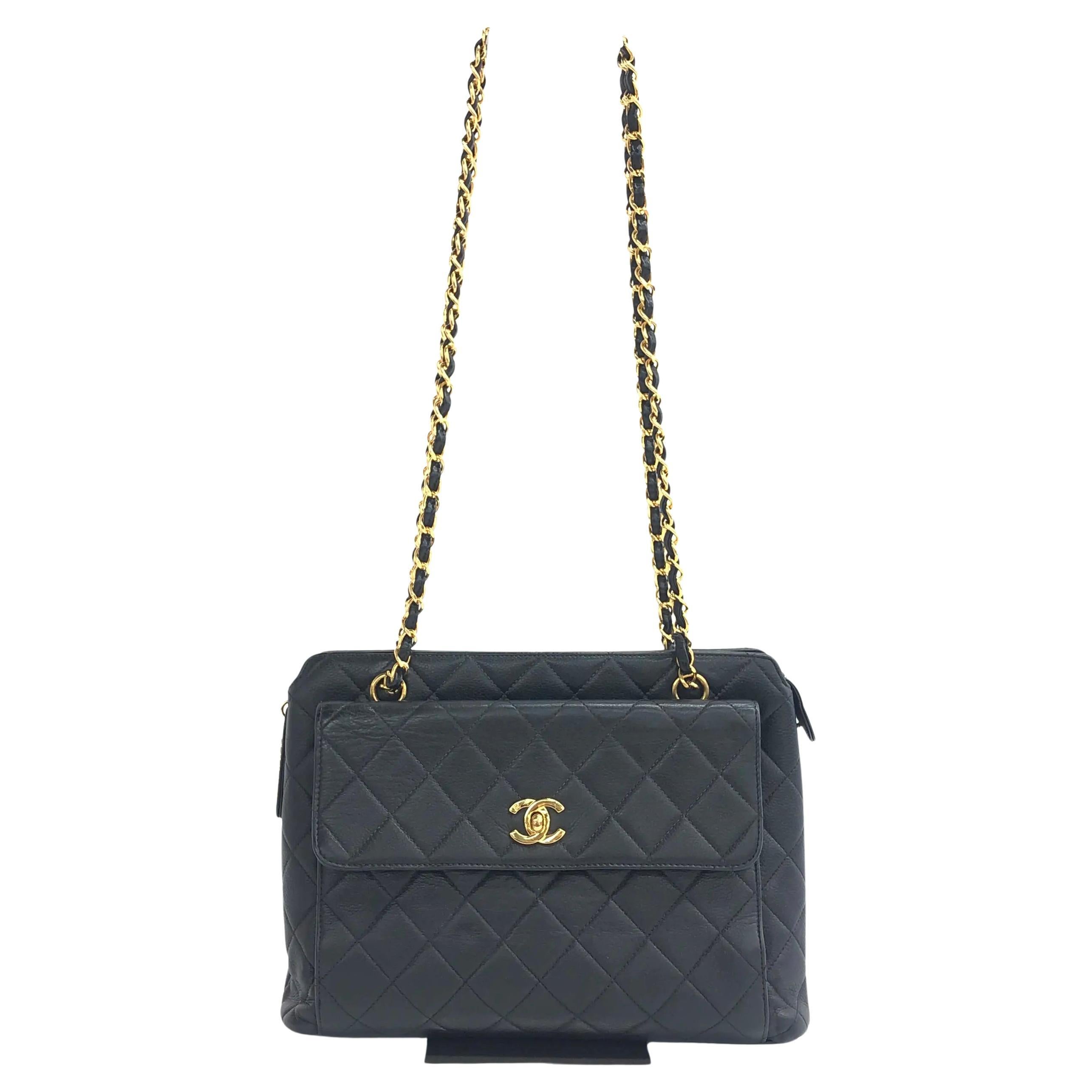 Chanel Vintage Front Pocket Tote Black Quilted Caviar Leather Gold hardware For Sale