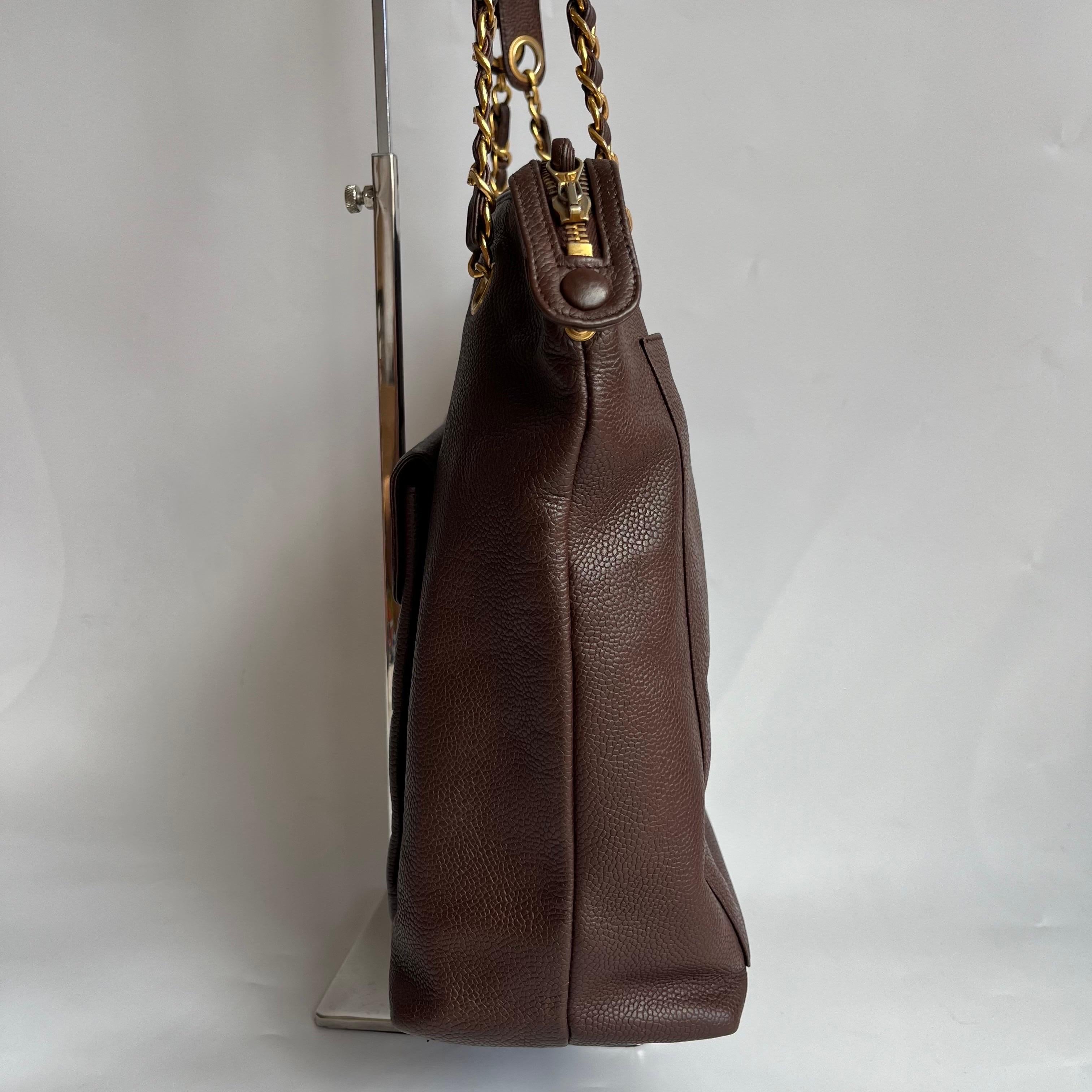Chanel Vintage Front Pocket Tote Chocolate Brown Caviar Leather Double Gold Leat For Sale 6