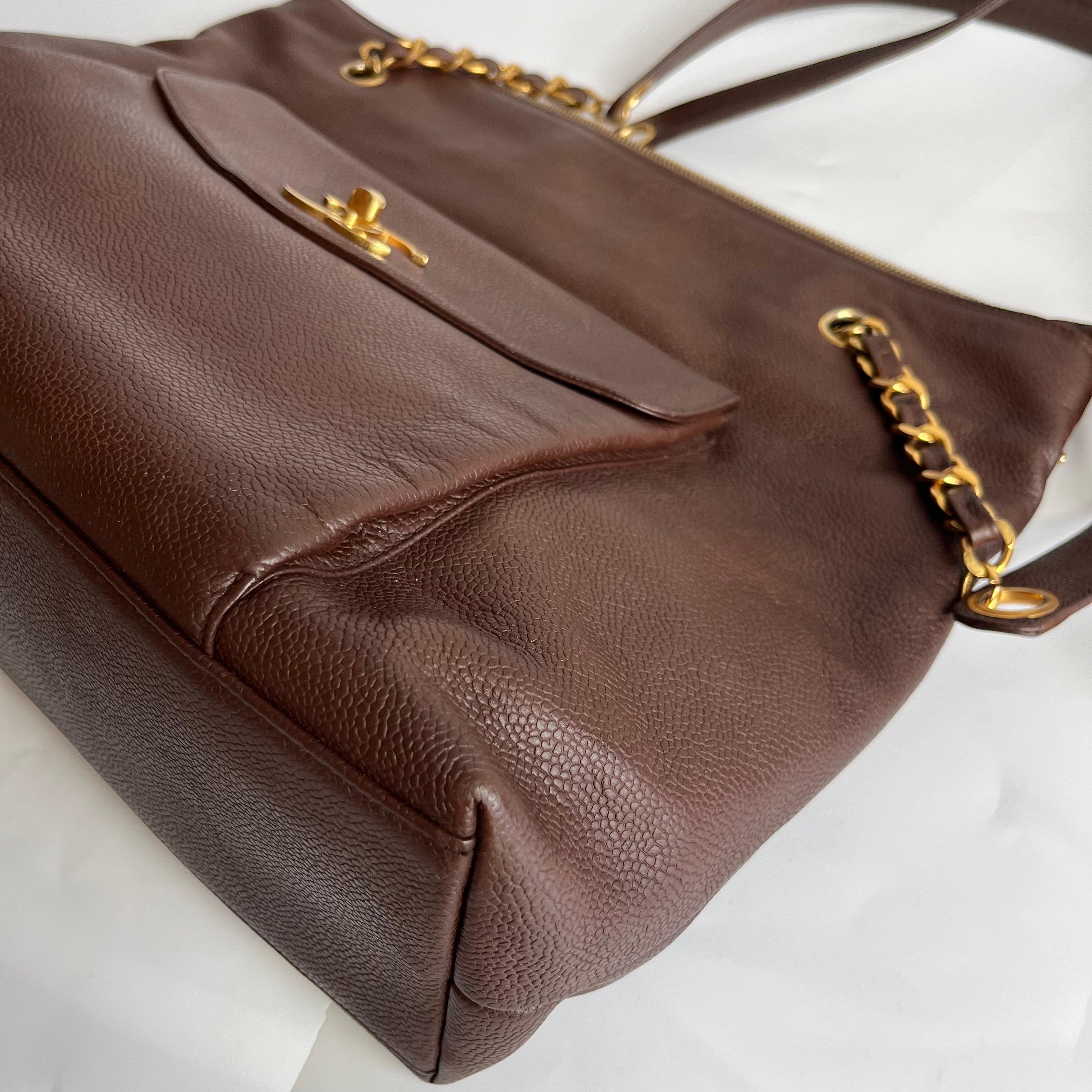 Chanel Vintage Front Pocket Tote Chocolate Brown Caviar Leather Double Gold Leat For Sale 9
