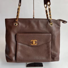 Chanel Vintage Front Pocket Tote Chocolate Brown Caviar Leather Double Gold Leat