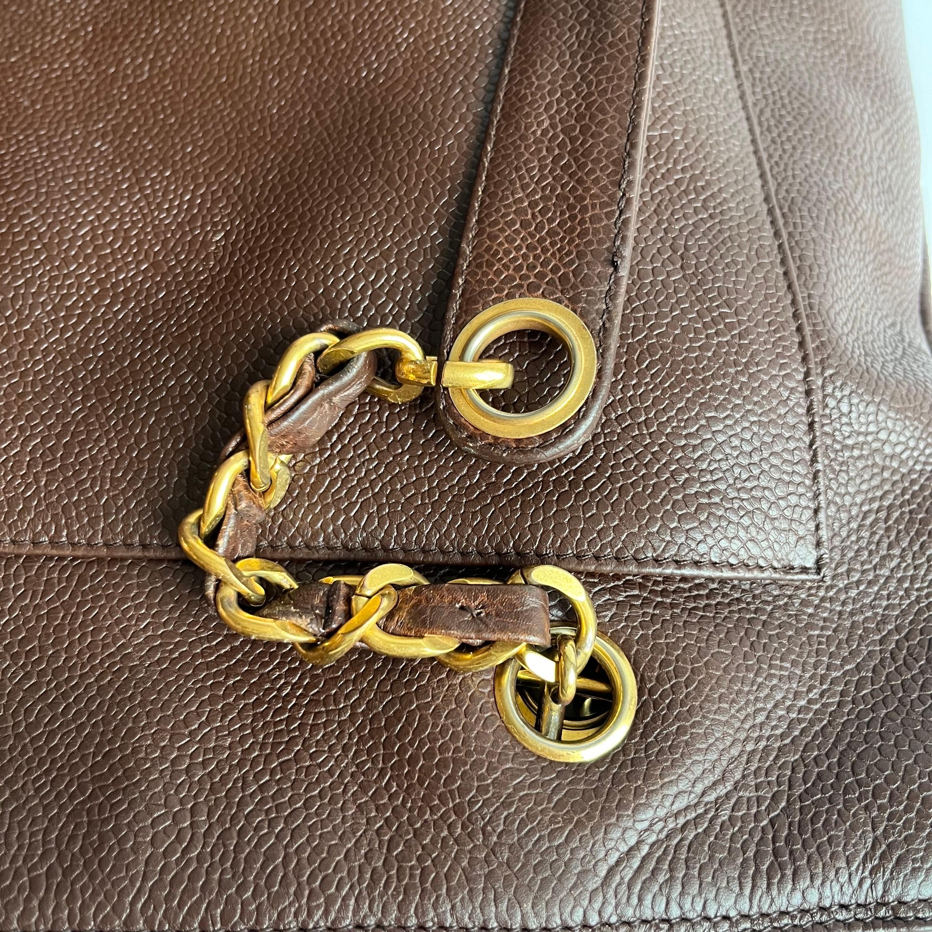 Chanel Vintage Front Pocket Tote Chocolate Brown Caviar Leather Double Gold Leat For Sale 16