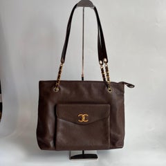 Chanel Vintage Front Pocket Tote Chocolate Brown Caviar Leather Double Gold Leat