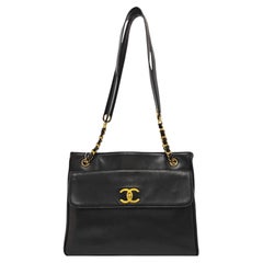 Chanel Vintage Front Pocket Tote Chocolate Brown Leather Double Gold Chain