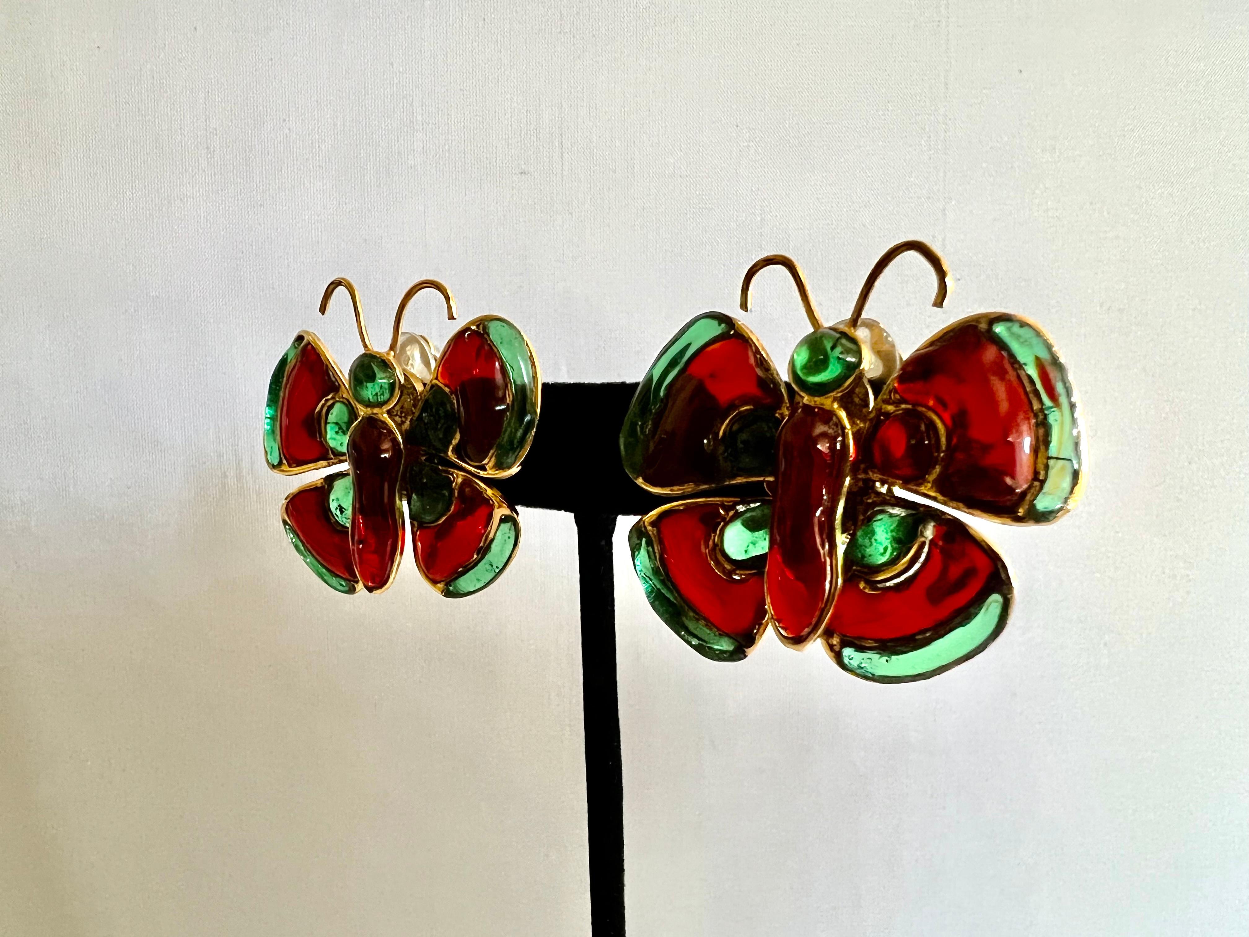 Artisan Chanel Vintage Gilt Green and Red Butterfly Earrings  For Sale