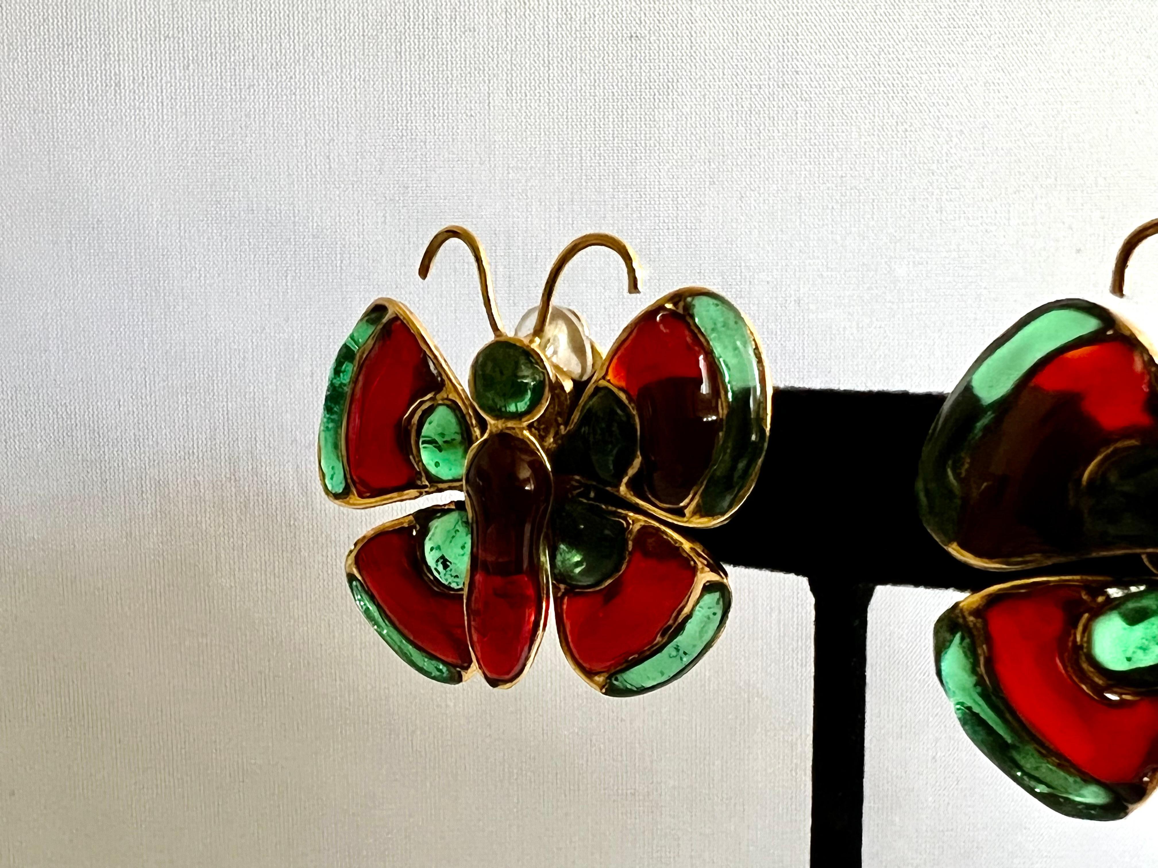 Chanel Vintage Gilt Green and Red Butterfly Earrings  In Excellent Condition For Sale In Palm Springs, CA