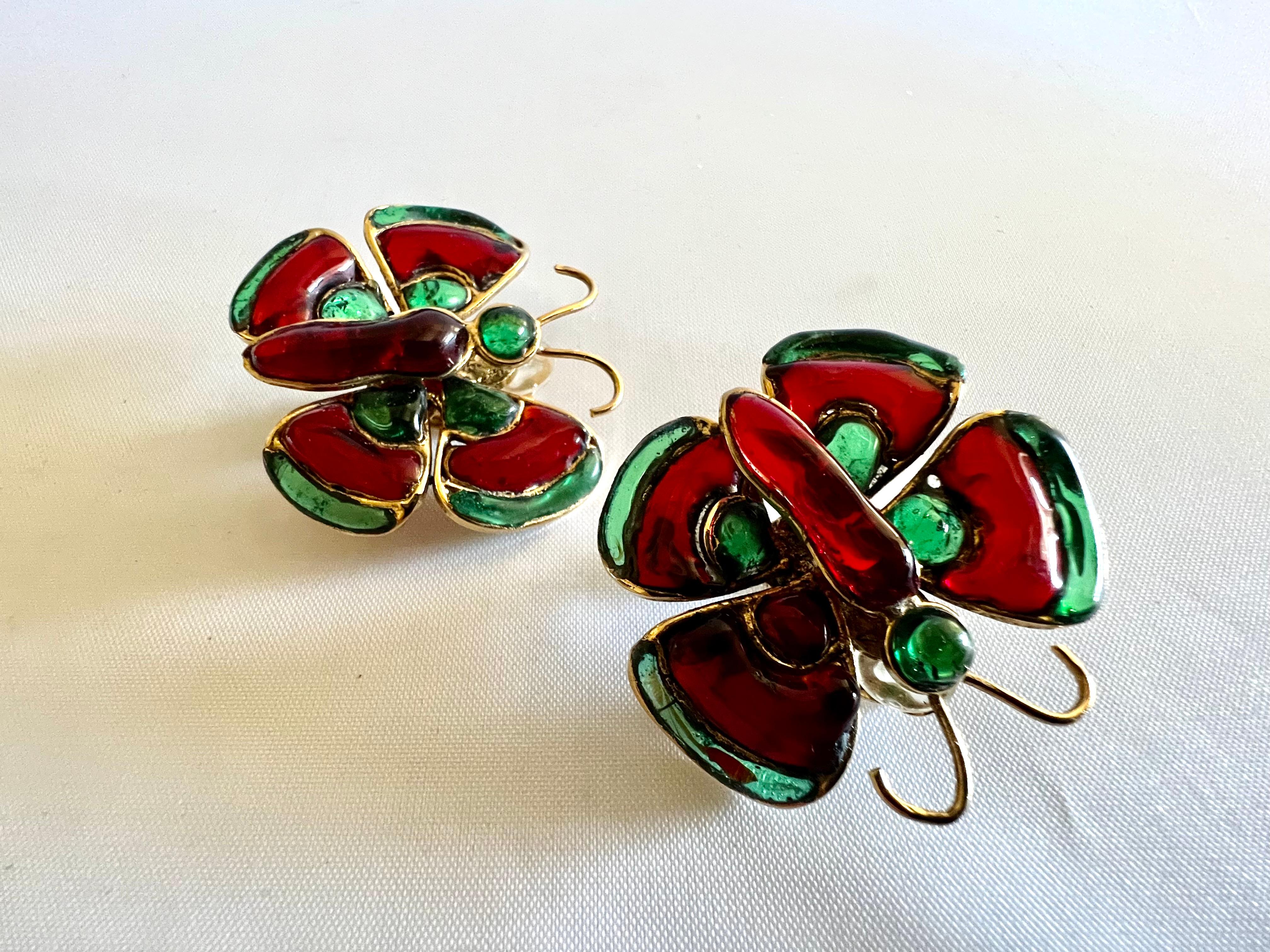 Women's Chanel Vintage Gilt Green and Red Butterfly Earrings  For Sale