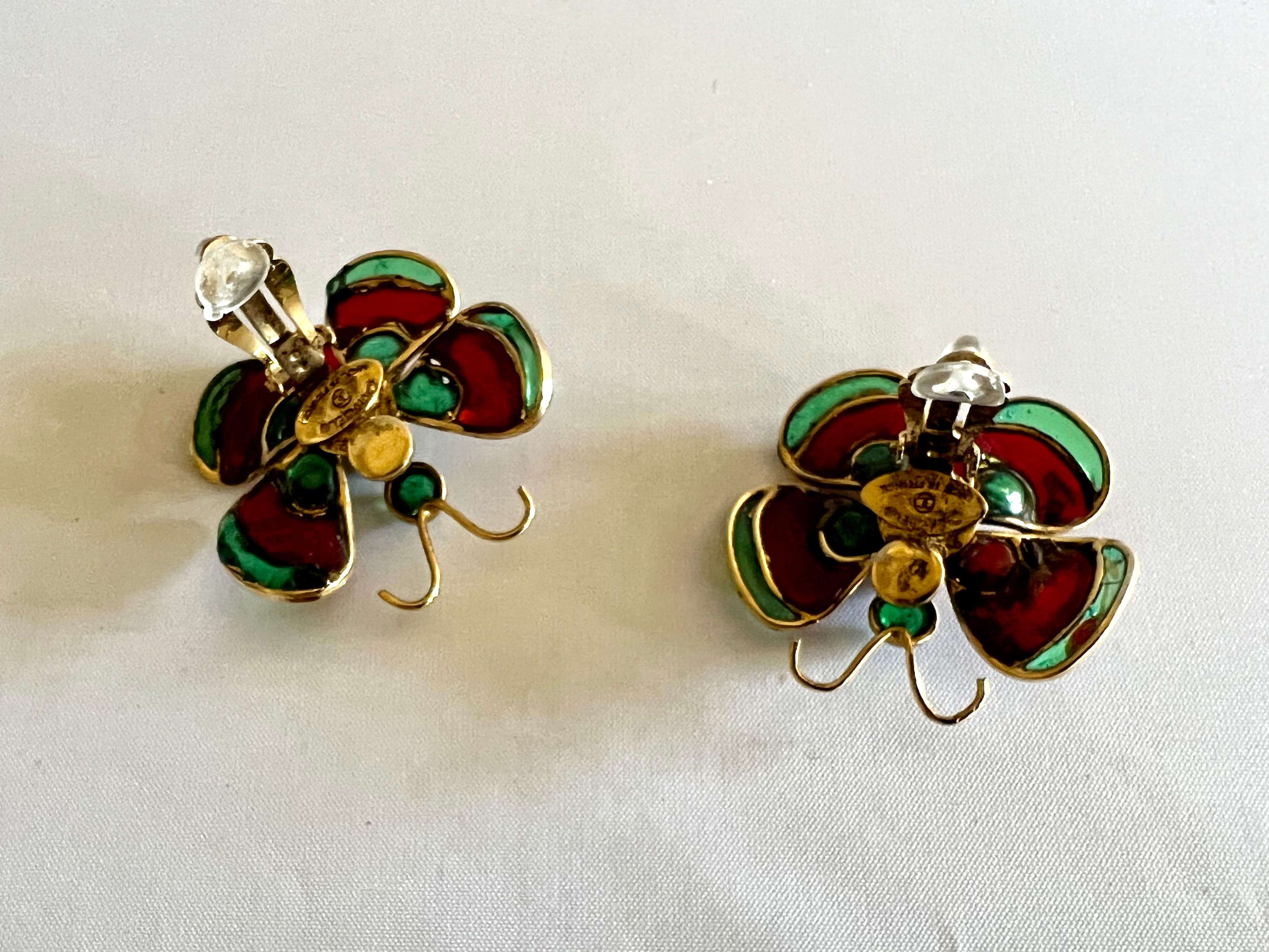 Chanel Vintage Gilt Green and Red Butterfly Earrings  For Sale 1