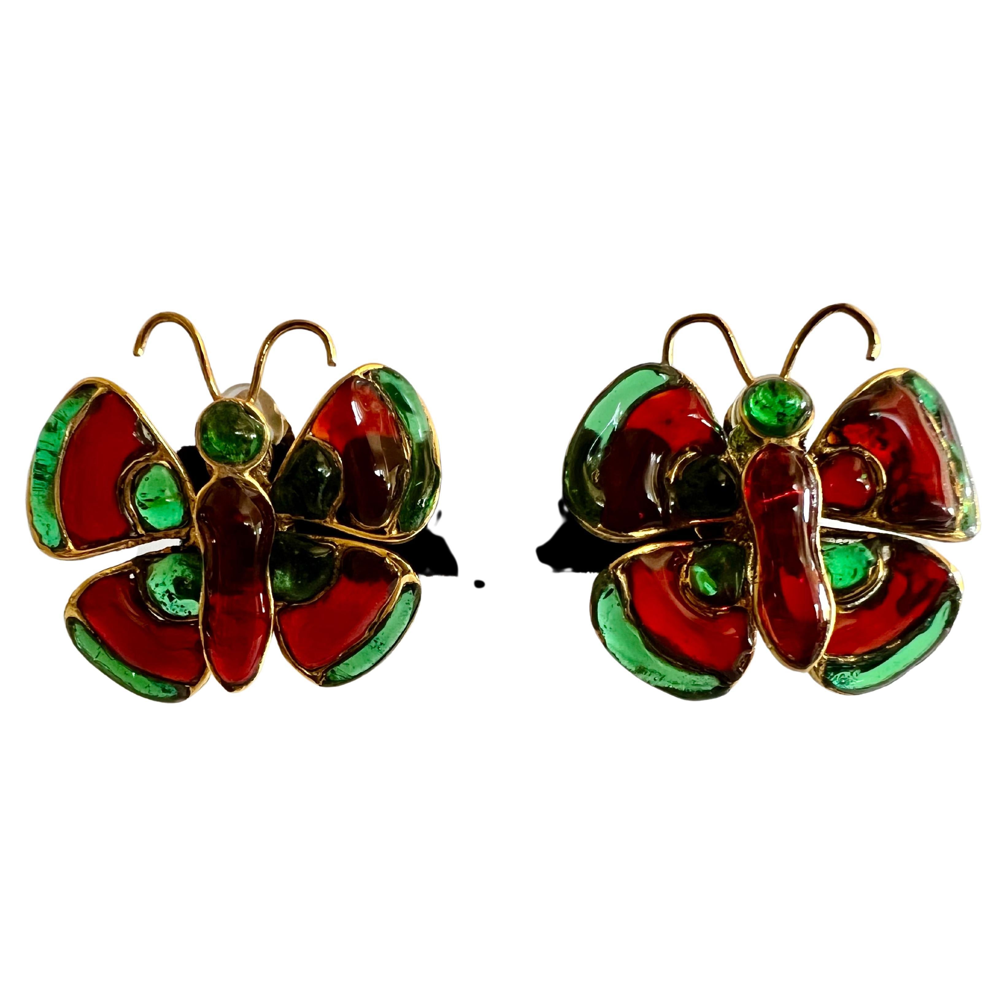 Chanel Vintage Gilt Green and Red Butterfly Earrings  For Sale