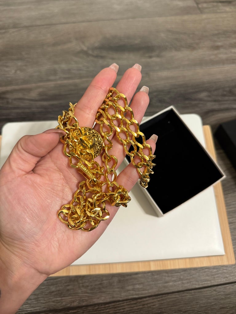 Chanel Vintage Gold 1982 Coin CC Chain Link Belt Chanel Vintage Gold 1982 Coin CC Chain Link Belt For Sale at  main image 2