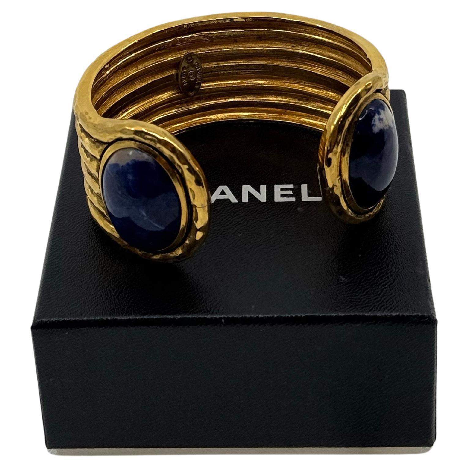 CHANEL Vintage Gold and Blue Stone Cuff Bracelet For Sale