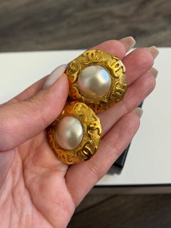 Chanel Vintage Gold and Pearl CC Logo Statement Clip On Circle Earrings