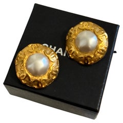 Chanel Antique Gold and Pearl CC Logo Statement Clip On Circle Earrings