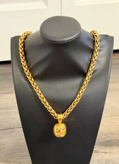 CHANEL Vintage Gold Braided Rope Necklace with CC Medallion Pendant