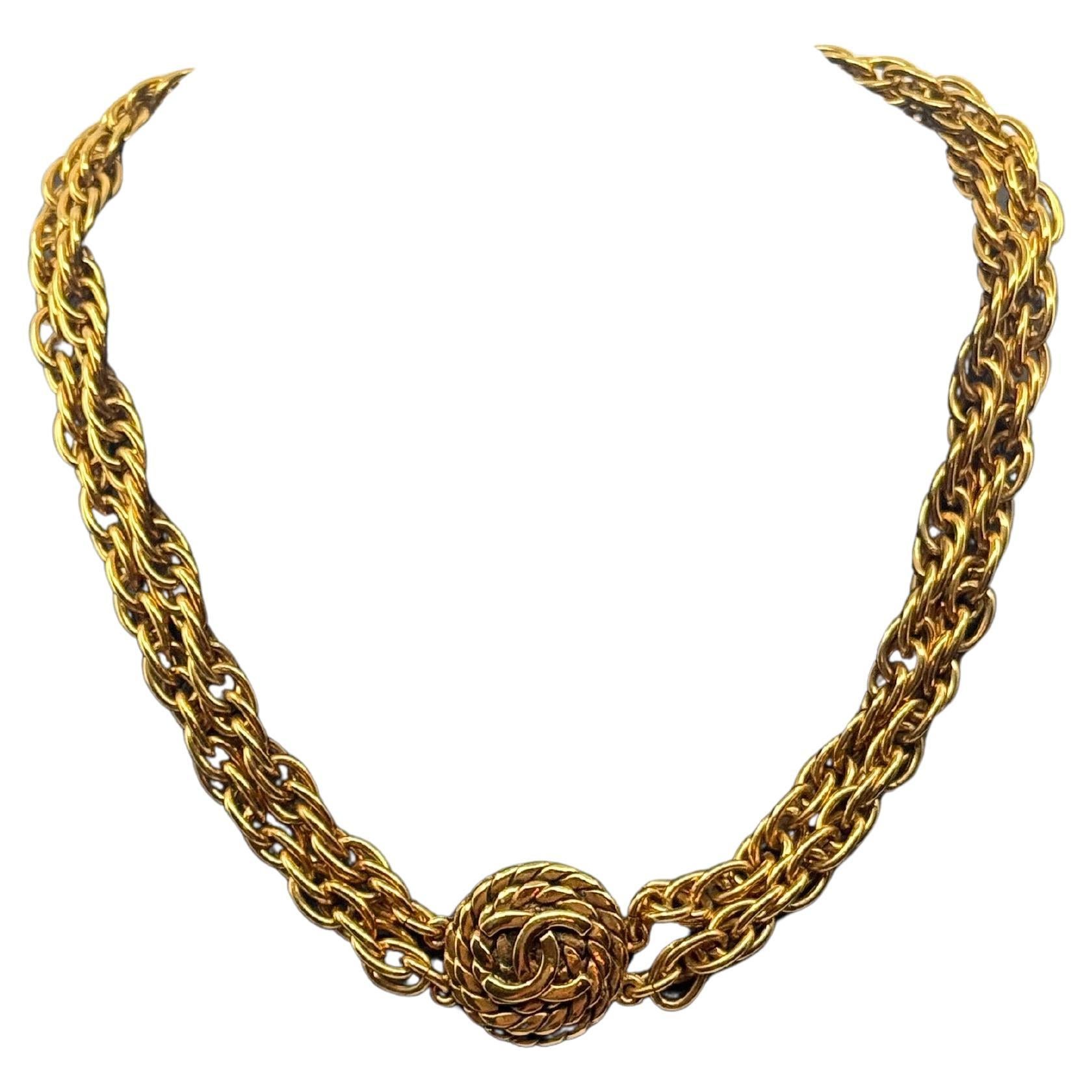 Chanel Vintage Gold CC Circle Pendant Multi Strand Collar Necklace