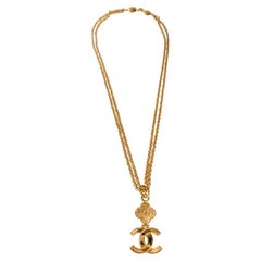 CHANEL Vintage Gold CC Clover Multi Strand Long Chain Pendentif Necklace