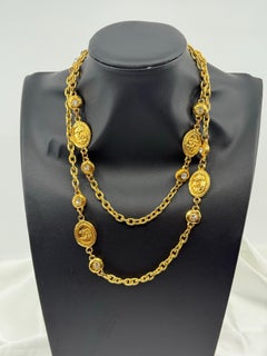 Chanel Vintage Gold CC Coin and Crystal Station Long Necklace