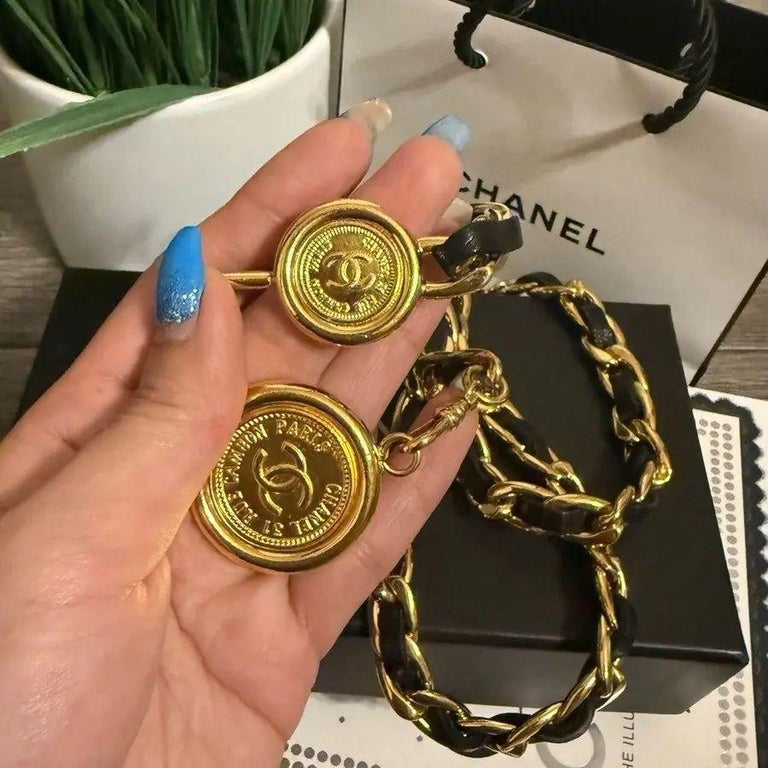 CHANEL Vintage Black Leather Gold Chain CC Coin \