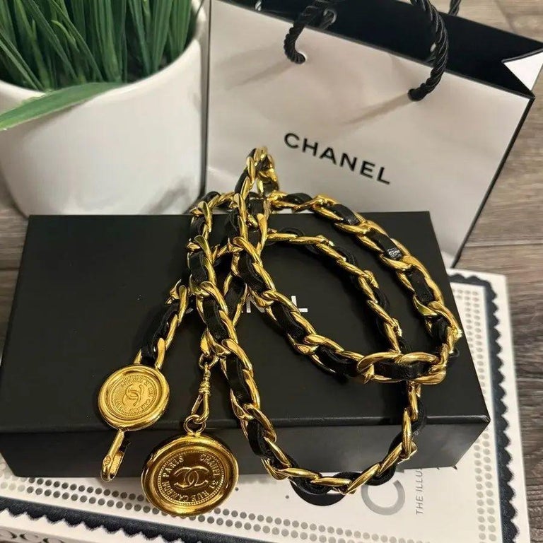 CHANEL Vintage Black Leather Gold Chain CC Coin \