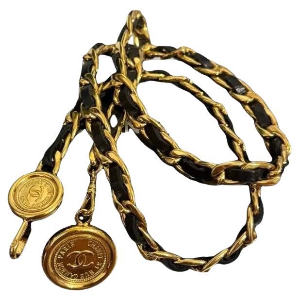 CHANEL Vintage Gold CC Coin Black Leather Chain Belt For Sale