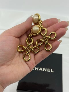 CHANEL Vintage Gold CC Cross Pearl Dangle Clip On Earrings
