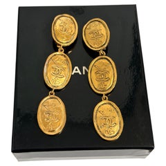 CHANEL Vintage Gold CC Crown Oval Drop Clip On Earrings