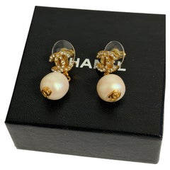CHANEL Vintage Gold CC Crystal and Ivory Pearl Drop Earrings