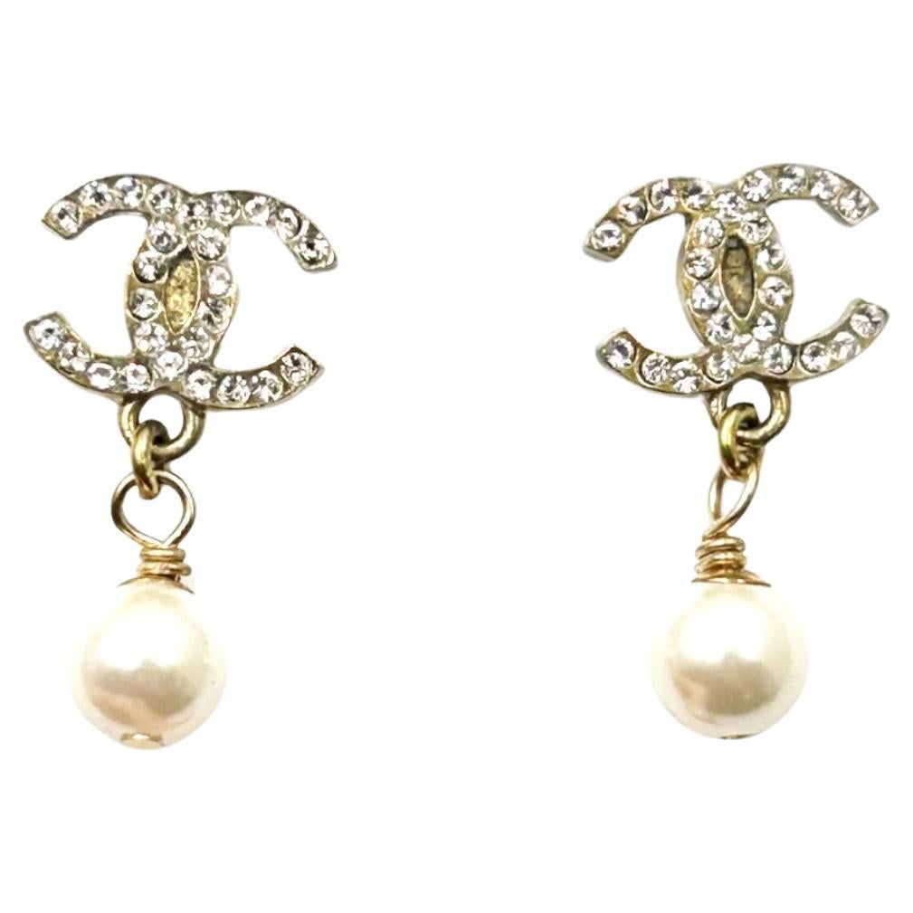 Chanel Vintage Gold CC Crystal Pearl Dangle Piercing Earrings  For Sale