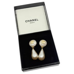 Chanel Vintage Gold CC Faux Pearl Dangle Clip On Earrings