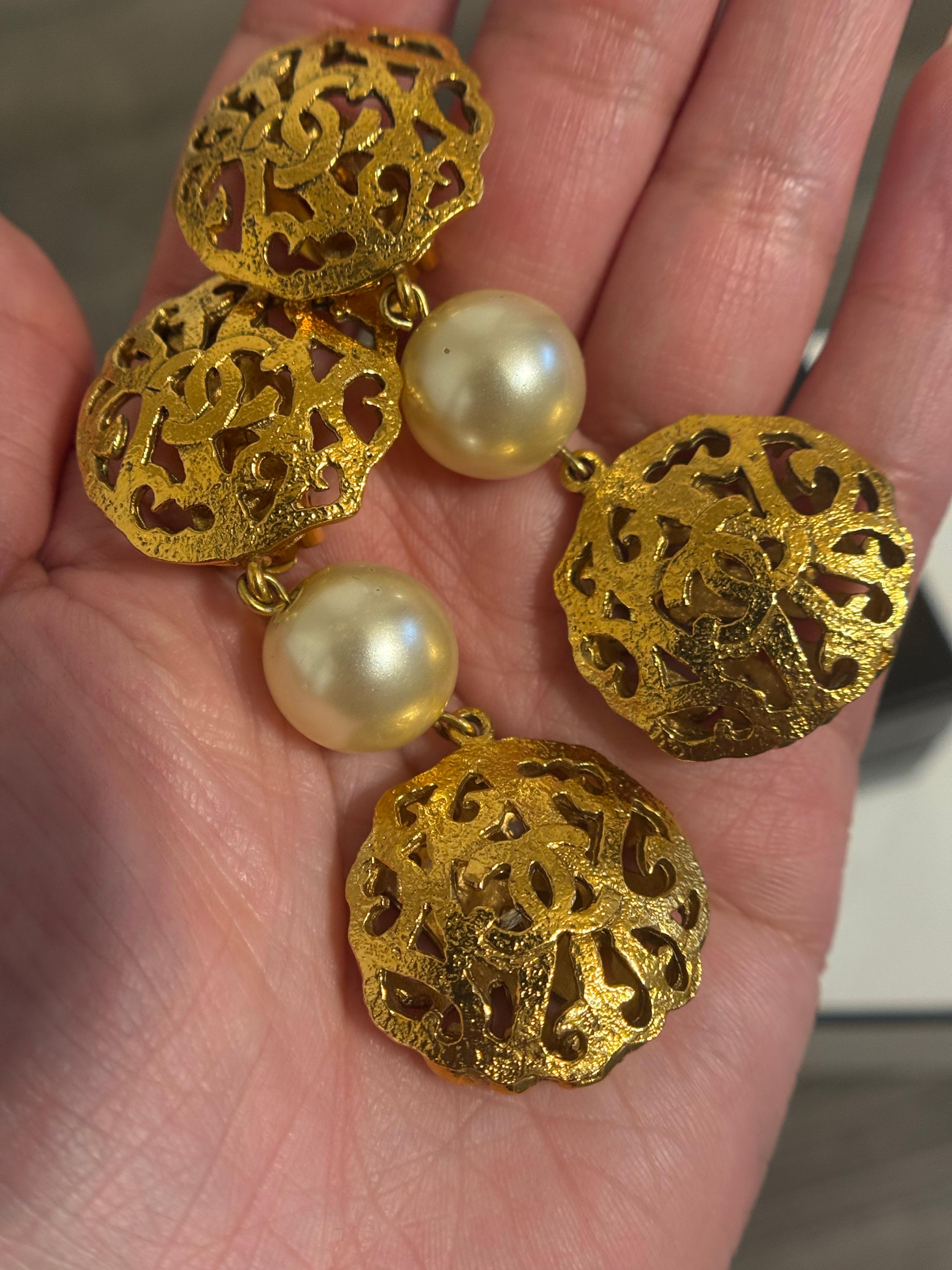CHANEL Vintage Gold CC Filigree and Pearl Dangle Clip On Earrings For Sale 6