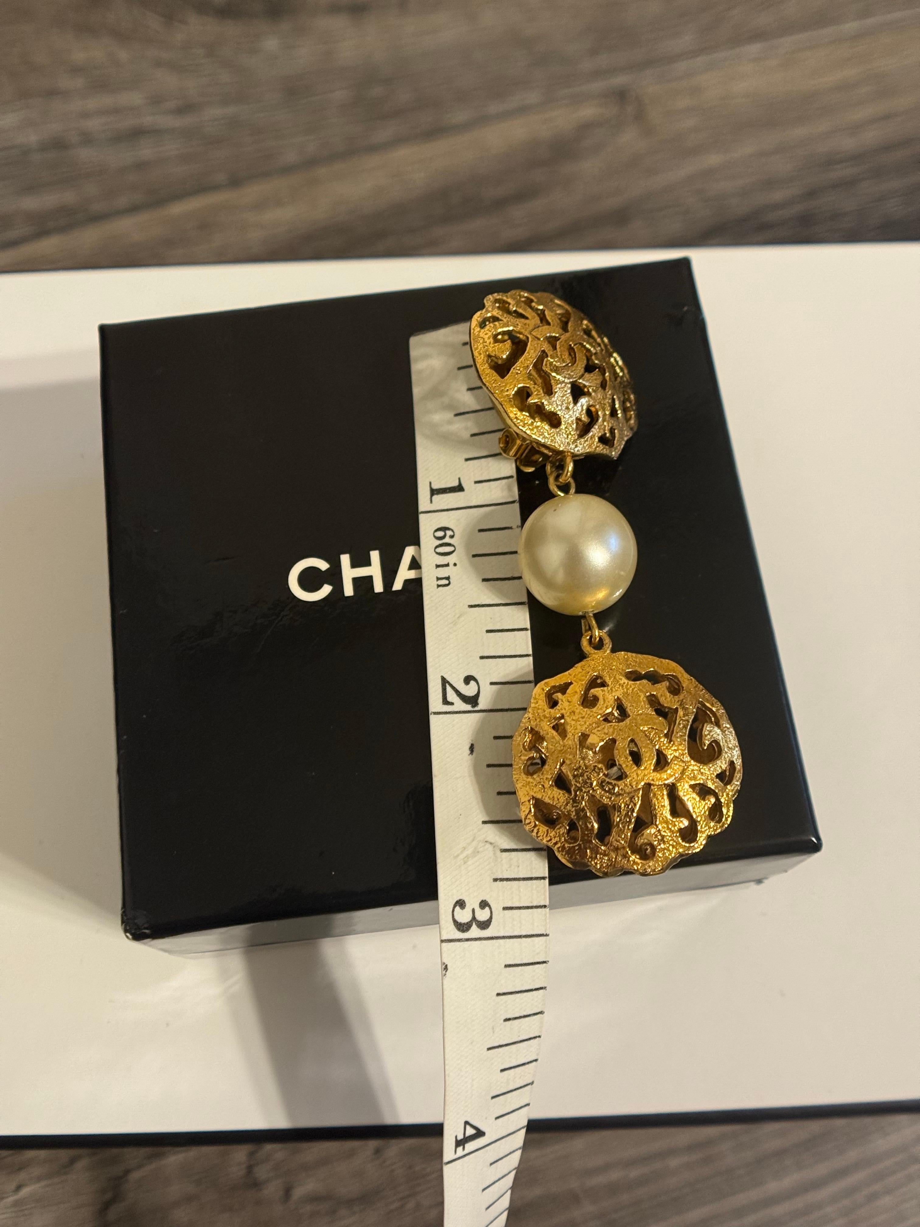 CHANEL Vintage Gold CC Filigree and Pearl Dangle Clip On Earrings For Sale 2