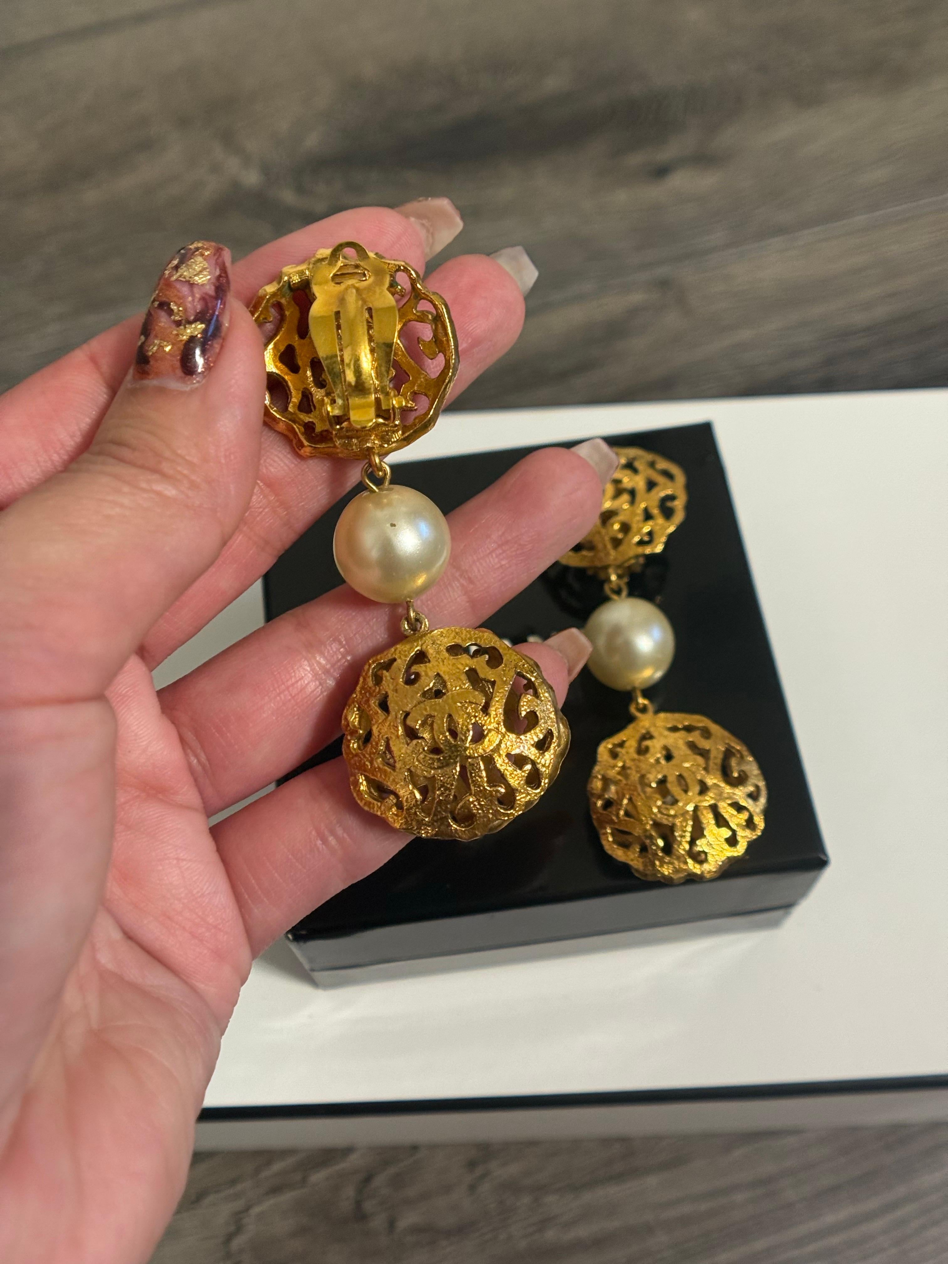 CHANEL Vintage Gold CC Filigree and Pearl Dangle Clip On Earrings For Sale 3