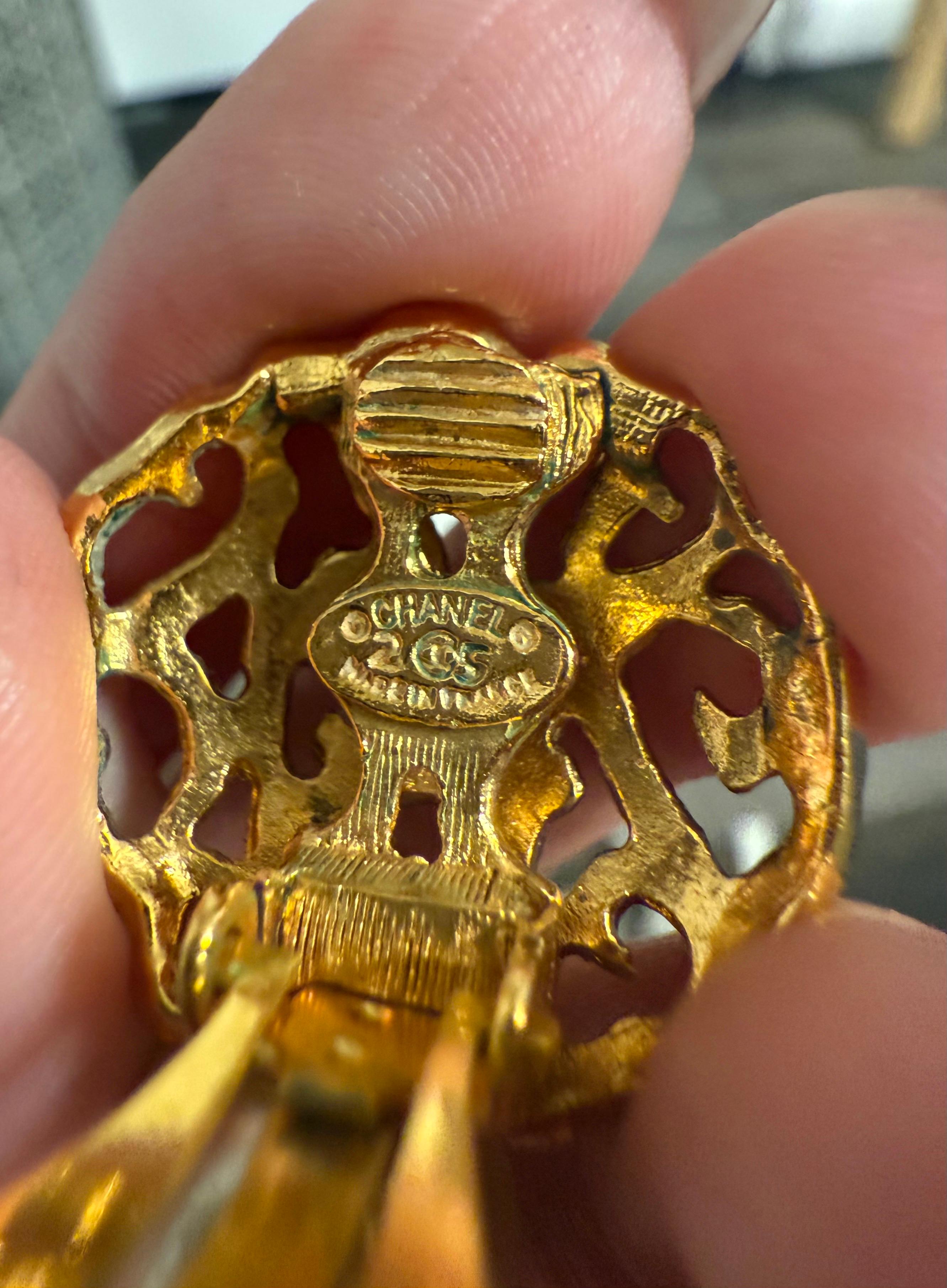 CHANEL Vintage Gold CC Filigree and Pearl Dangle Clip On Earrings For Sale 5