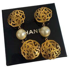 CHANEL Antique Gold CC Filigree and Pearl Dangle Clip On Earrings