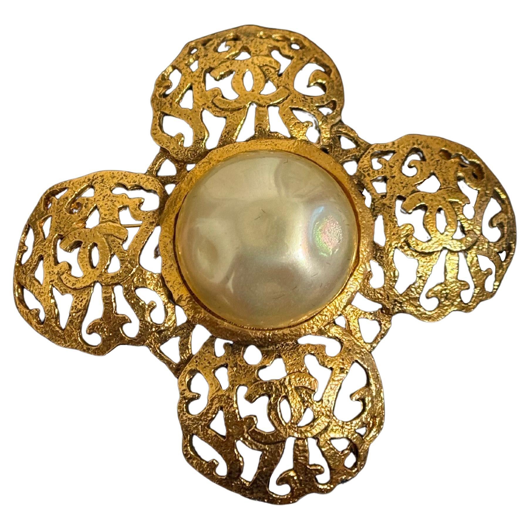 CHANEL Vintage Gold CC Filigree Faux Pearl Cross  Brooch For Sale