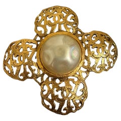 CHANEL Vintage Gold CC Filigree Faux Pearl Cross  Brooch