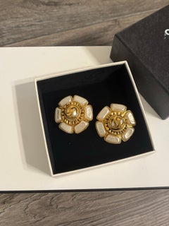 Chanel Vintage Gold CC Floral Faux Pearl Clip On Statement Earrings
