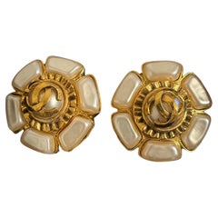 Chanel Antique Gold CC Floral Faux Pearl Clip On Statement Earrings
