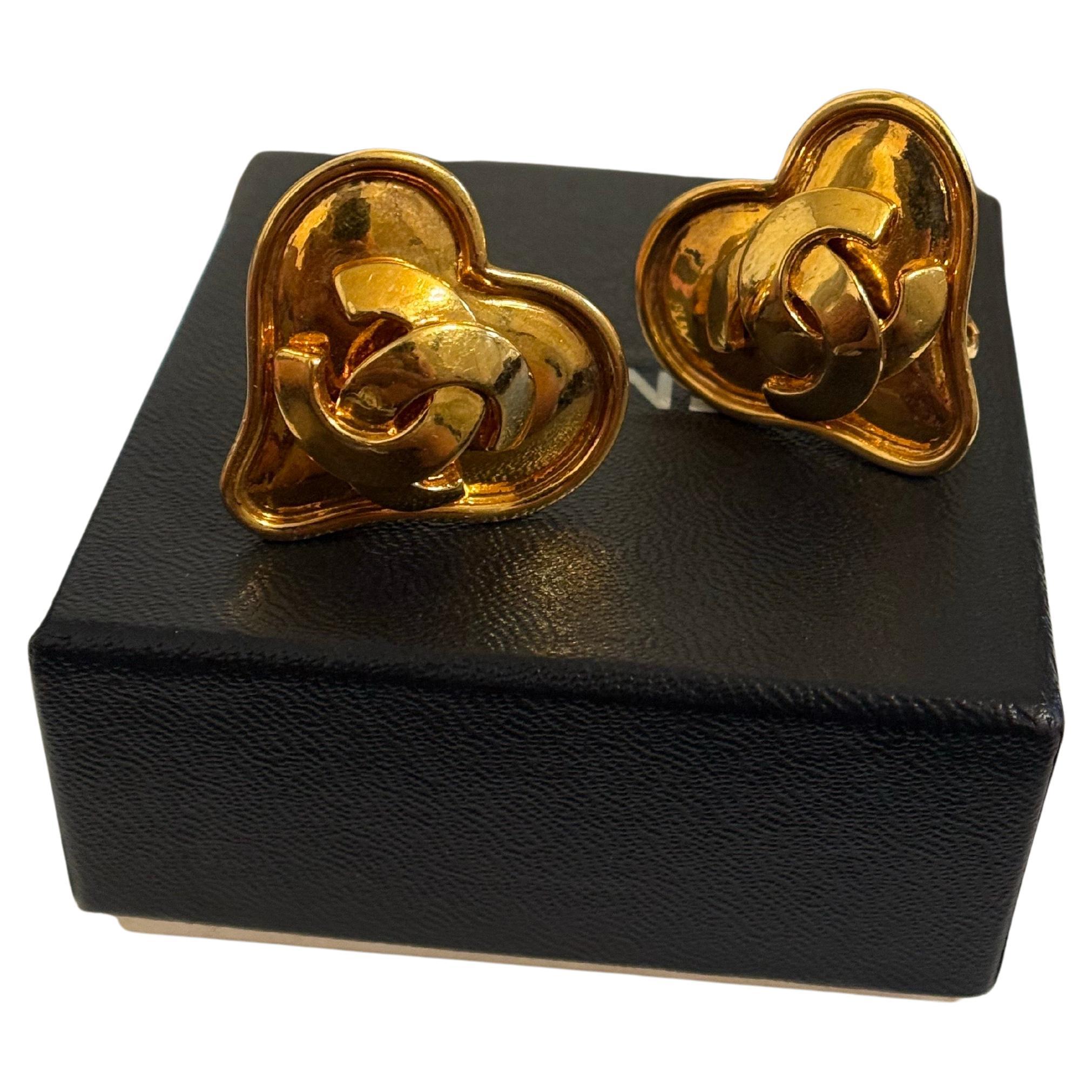 Chanel Vintage Gold CC Heart Clip On Statement Earrings