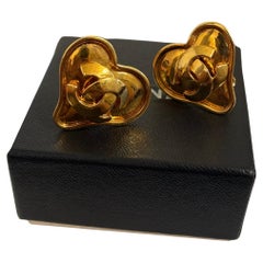 Chanel Antique Gold CC Heart Clip On Statement Earrings